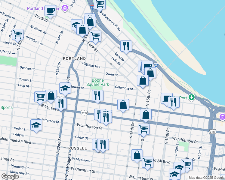 map of restaurants, bars, coffee shops, grocery stores, and more near 1725 Rowan Street in Louisville