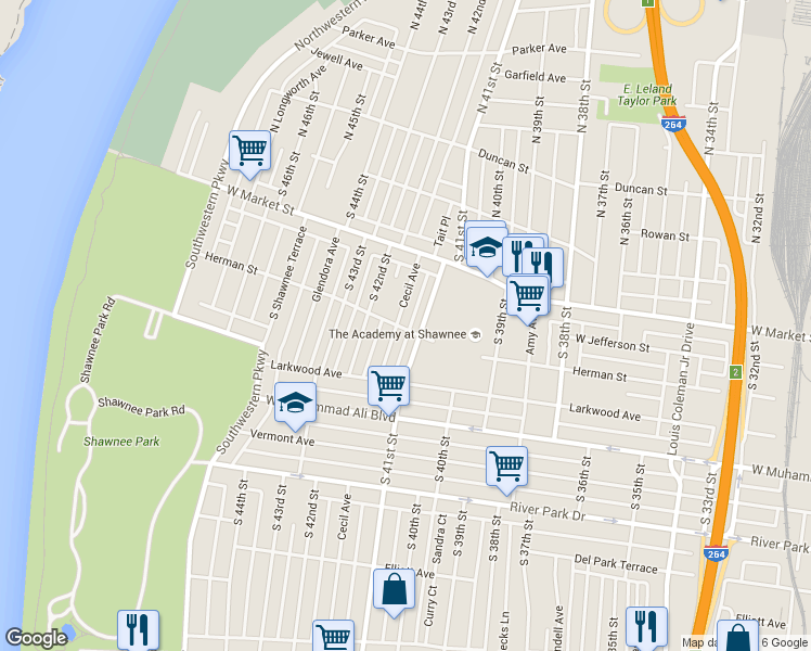 map of restaurants, bars, coffee shops, grocery stores, and more near 300 South 41st Street in Louisville