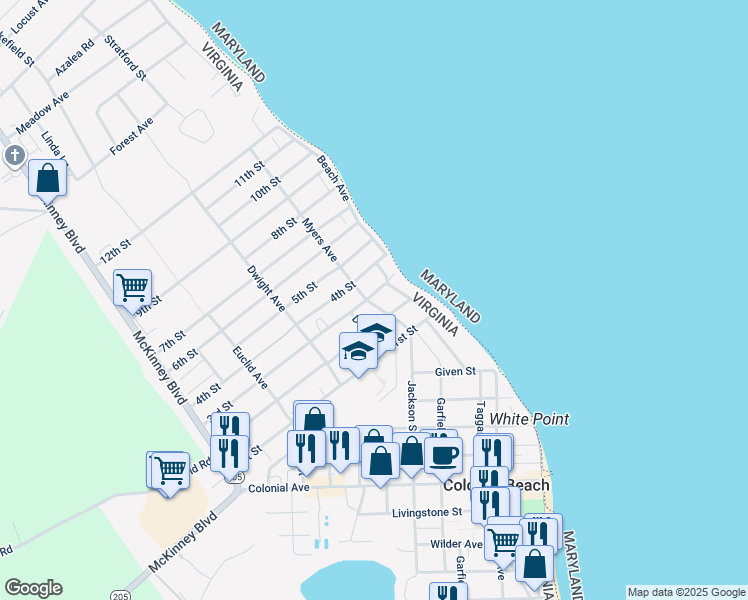 map of restaurants, bars, coffee shops, grocery stores, and more near 26 3rd Street in Colonial Beach