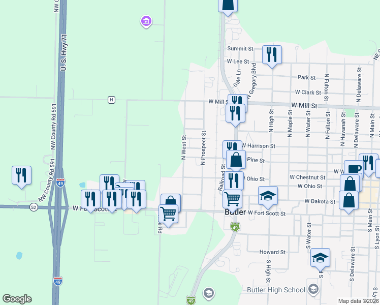 map of restaurants, bars, coffee shops, grocery stores, and more near 810 West Pine Street in Butler