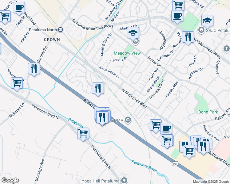 map of restaurants, bars, coffee shops, grocery stores, and more near 1301 Southpoint Boulevard in Petaluma