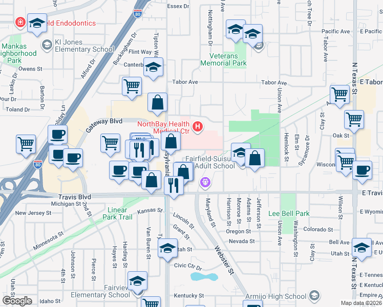 map of restaurants, bars, coffee shops, grocery stores, and more near 1189 Dana Drive in Fairfield