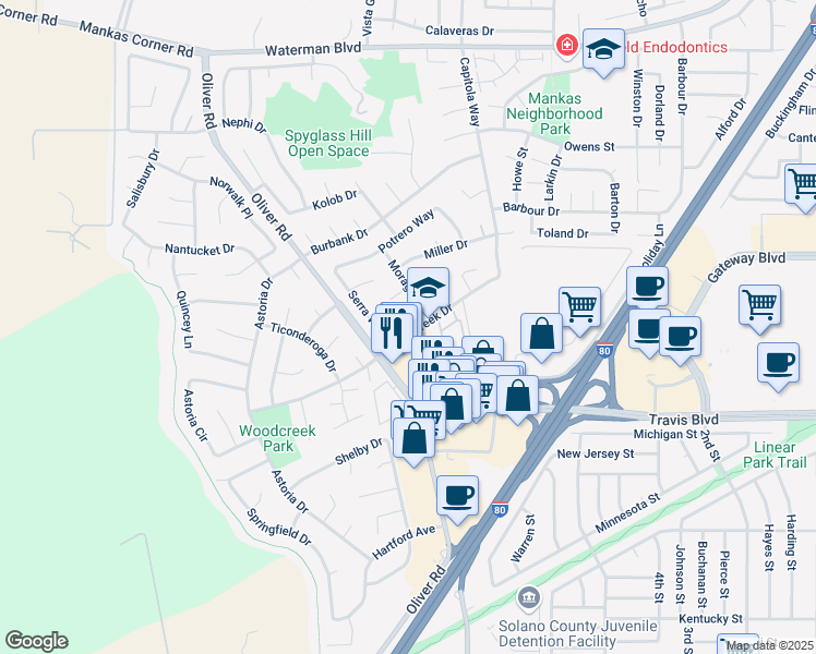 map of restaurants, bars, coffee shops, grocery stores, and more near 3119 Serra Way in Fairfield