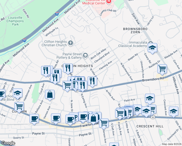 map of restaurants, bars, coffee shops, grocery stores, and more near 428 North Hite Avenue in Louisville