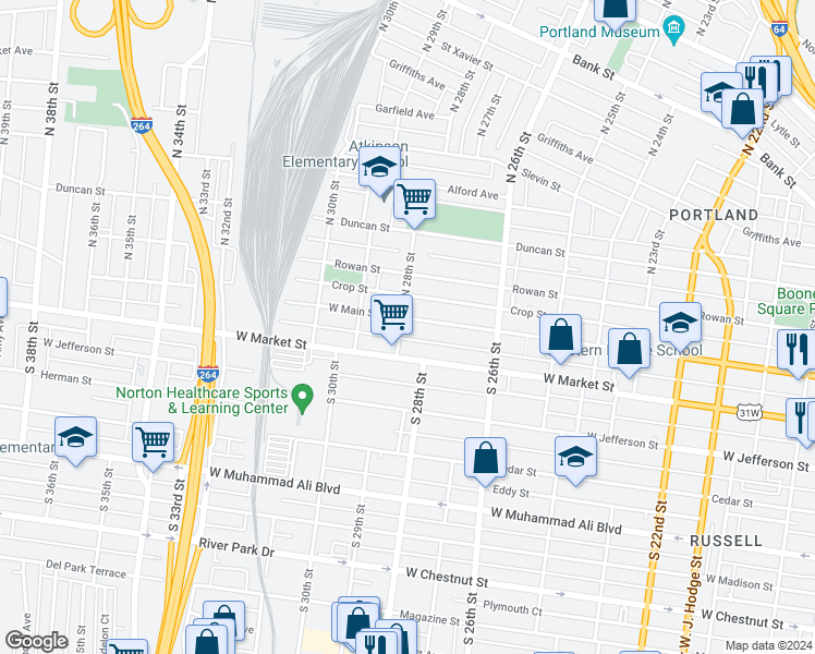 map of restaurants, bars, coffee shops, grocery stores, and more near 2752 West Main Street in Louisville