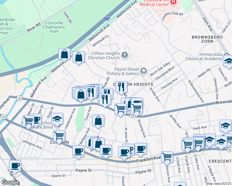 map of restaurants, bars, coffee shops, grocery stores, and more near 408 Lindsay Court in Louisville