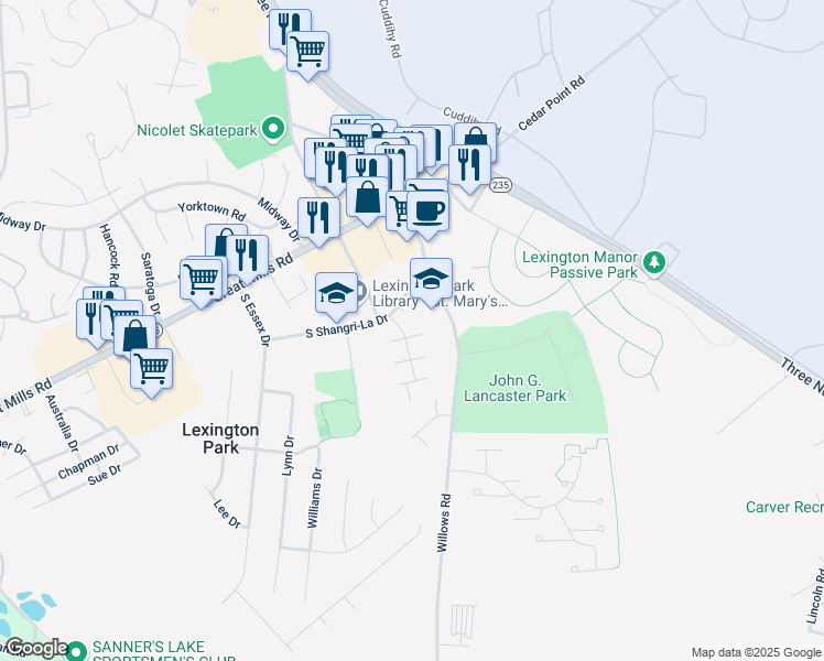 map of restaurants, bars, coffee shops, grocery stores, and more near 46856 Flower Drive in Lexington Park