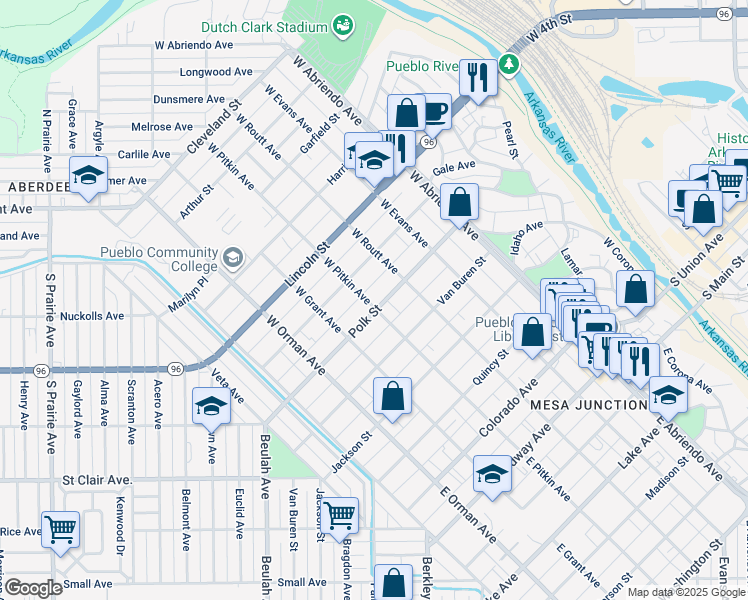 map of restaurants, bars, coffee shops, grocery stores, and more near 423 West Pitkin Avenue in Pueblo