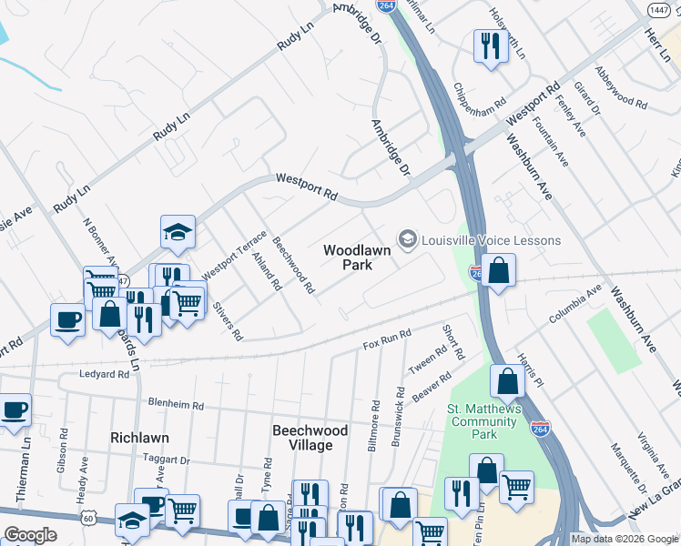 map of restaurants, bars, coffee shops, grocery stores, and more near 4305 Kinloch Road in Louisville