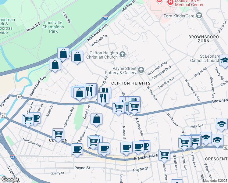 map of restaurants, bars, coffee shops, grocery stores, and more near 408 Lindsay Court in Louisville
