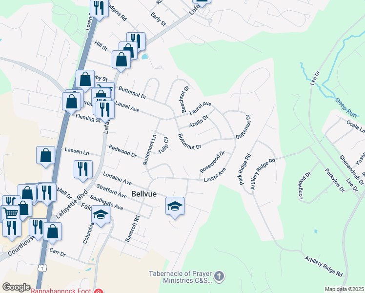 map of restaurants, bars, coffee shops, grocery stores, and more near 416 Butternut Drive in Fredericksburg