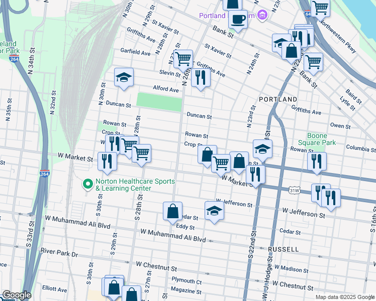 map of restaurants, bars, coffee shops, grocery stores, and more near 2522 West Main Street in Louisville