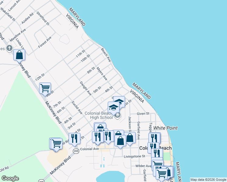 map of restaurants, bars, coffee shops, grocery stores, and more near 81 3rd Street in Colonial Beach