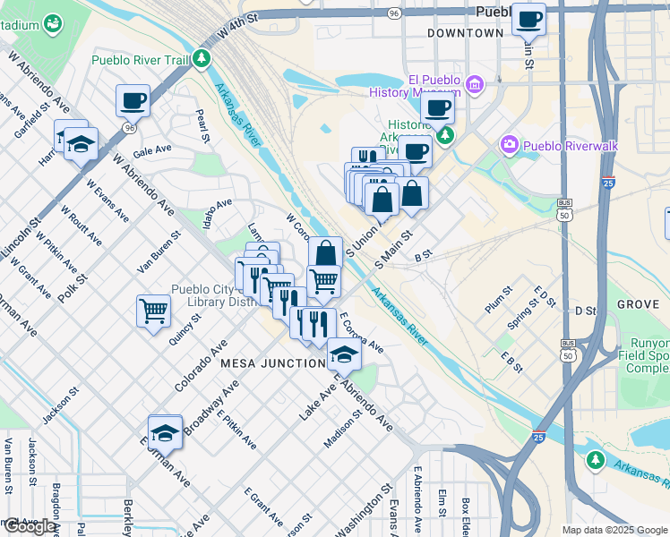 map of restaurants, bars, coffee shops, grocery stores, and more near 101 West Corona Avenue in Pueblo