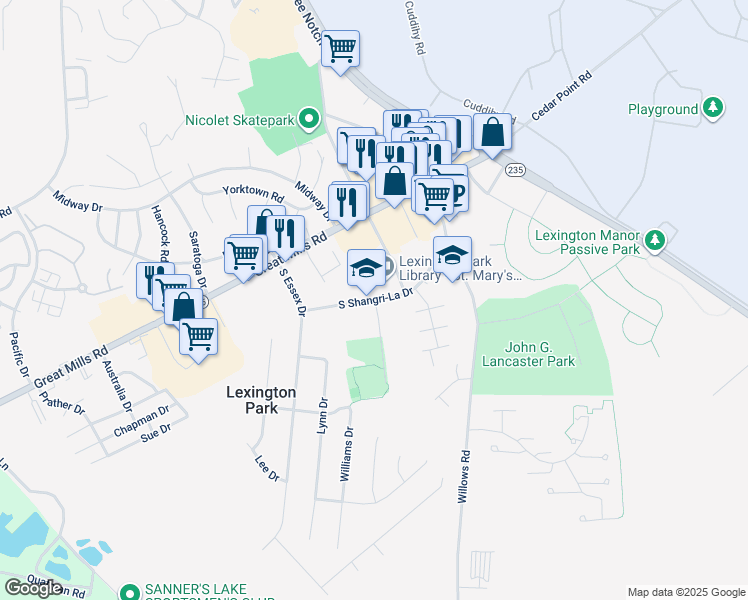 map of restaurants, bars, coffee shops, grocery stores, and more near 46779 South Shangri-La Drive in Lexington Park