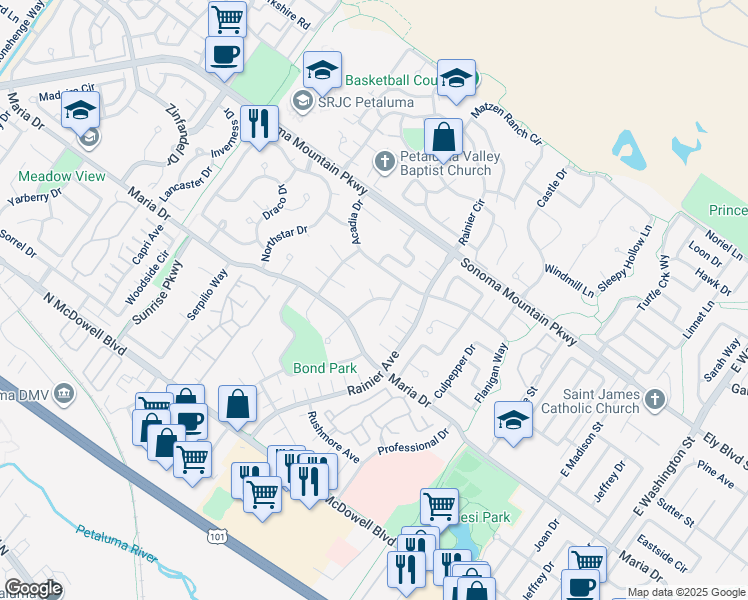 map of restaurants, bars, coffee shops, grocery stores, and more near Smokey Mountain Drive & Teton Court in Petaluma