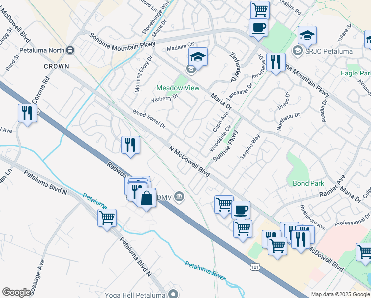 map of restaurants, bars, coffee shops, grocery stores, and more near 750 North McDowell Boulevard in Petaluma