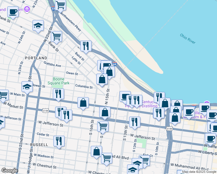 map of restaurants, bars, coffee shops, grocery stores, and more near 226 North 15th Street in Louisville