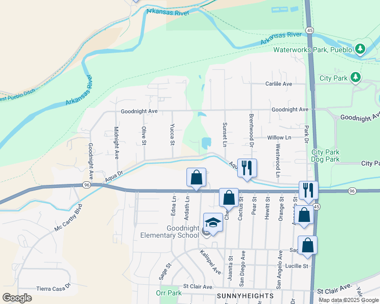 map of restaurants, bars, coffee shops, grocery stores, and more near 4118-4316 Aqua Dr in Pueblo