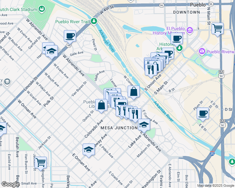 map of restaurants, bars, coffee shops, grocery stores, and more near 128 Midway Avenue in Pueblo