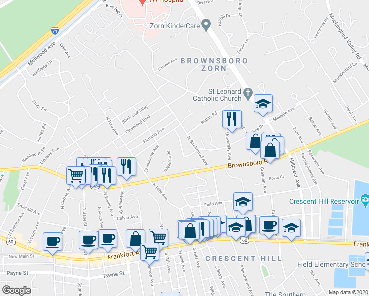 map of restaurants, bars, coffee shops, grocery stores, and more near 2714 Riedling Drive in Louisville