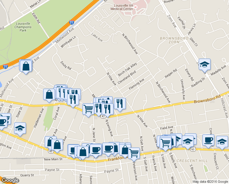 map of restaurants, bars, coffee shops, grocery stores, and more near 333 Idlewylde Drive in Louisville