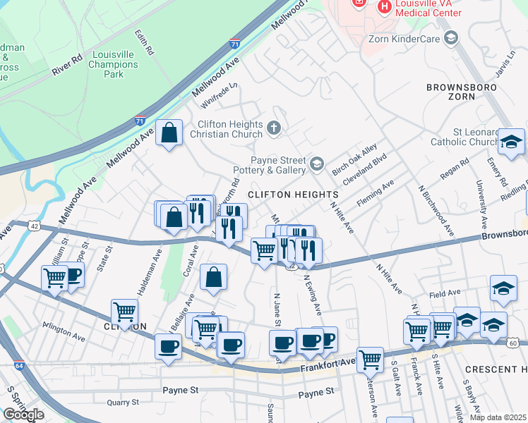 map of restaurants, bars, coffee shops, grocery stores, and more near 446 Mount Holly Avenue in Louisville