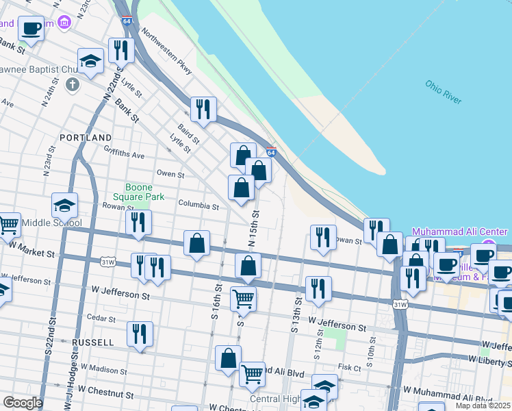 map of restaurants, bars, coffee shops, grocery stores, and more near 226 North 15th Street in Louisville
