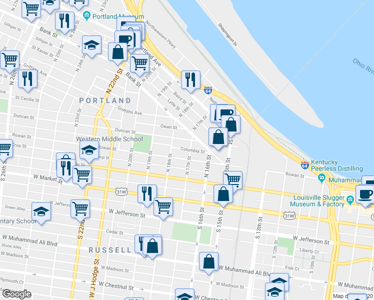 map of restaurants, bars, coffee shops, grocery stores, and more near 1633 Rowan Street in Louisville