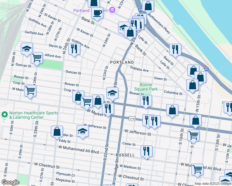 map of restaurants, bars, coffee shops, grocery stores, and more near 11 North 22nd Street in Louisville