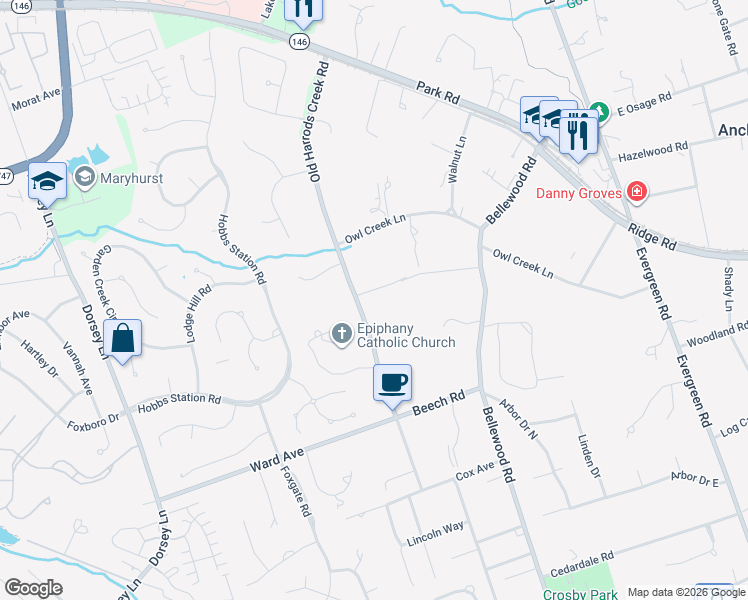 map of restaurants, bars, coffee shops, grocery stores, and more near 1005 Old Harrods Creek Road in Louisville