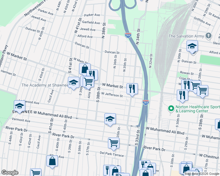 map of restaurants, bars, coffee shops, grocery stores, and more near 3611 West Jefferson Street in Louisville