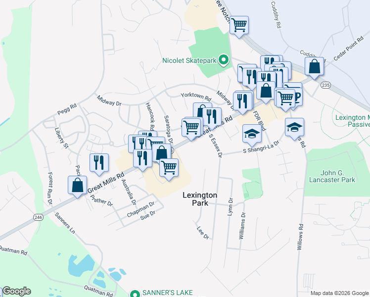 map of restaurants, bars, coffee shops, grocery stores, and more near 21628 Great Mills Road in Lexington Park