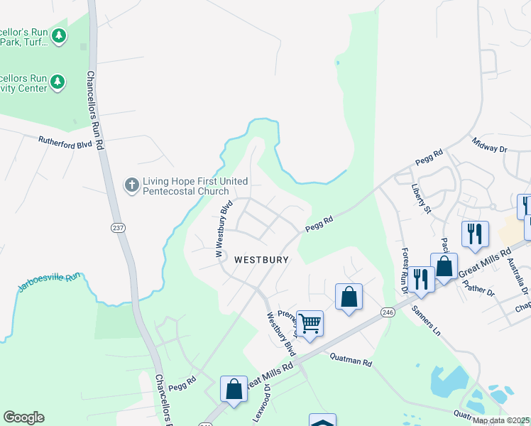 map of restaurants, bars, coffee shops, grocery stores, and more near 46098 West Westbury Boulevard in Lexington Park