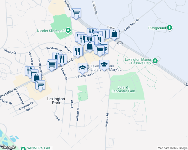 map of restaurants, bars, coffee shops, grocery stores, and more near 46827 South Shangri-La Drive in Lexington Park