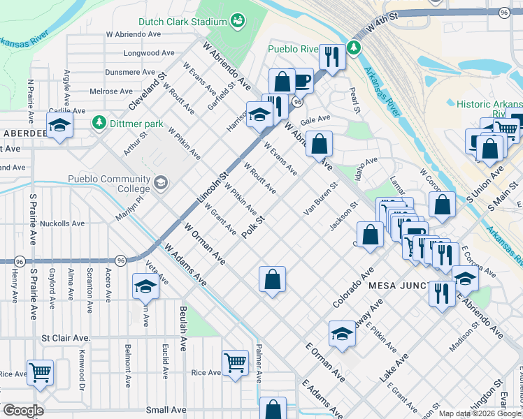 map of restaurants, bars, coffee shops, grocery stores, and more near 423 West Pitkin Avenue in Pueblo