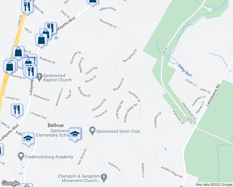 map of restaurants, bars, coffee shops, grocery stores, and more near 423 Laurel Avenue in Fredericksburg