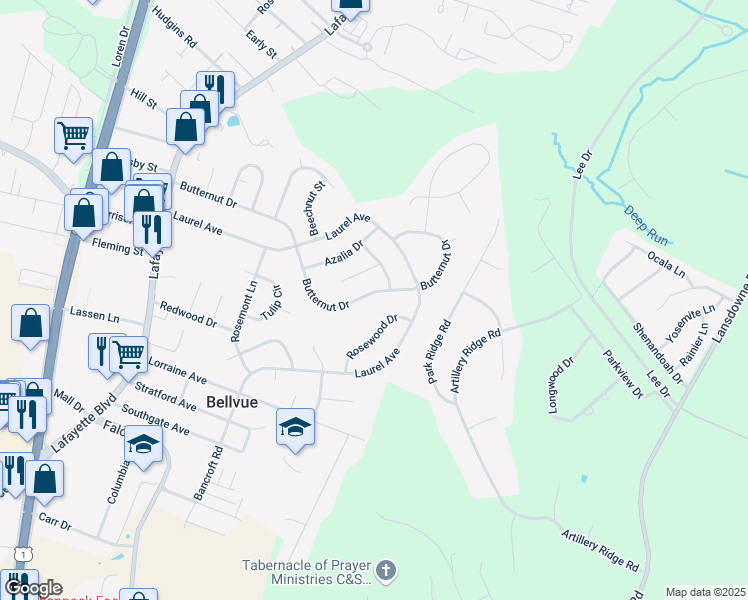 map of restaurants, bars, coffee shops, grocery stores, and more near 434 Butternut Drive in Fredericksburg