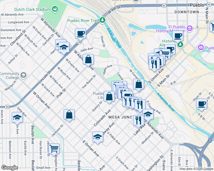 map of restaurants, bars, coffee shops, grocery stores, and more near 107 Quincy Street in Pueblo
