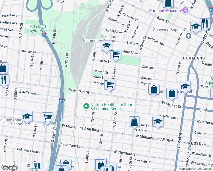 map of restaurants, bars, coffee shops, grocery stores, and more near 2816 West Main Street in Louisville