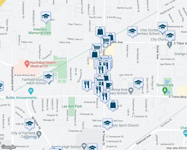 map of restaurants, bars, coffee shops, grocery stores, and more near 1707 Arthur Court in Fairfield