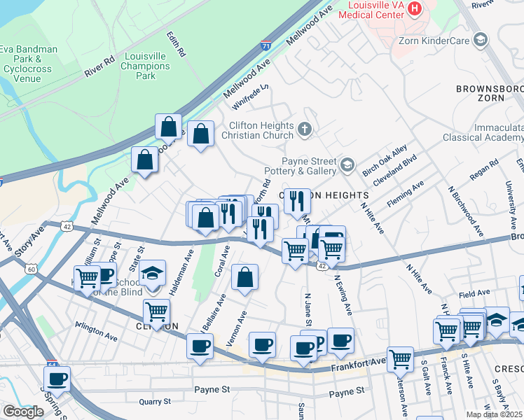 map of restaurants, bars, coffee shops, grocery stores, and more near 2417 Lindsay Avenue in Louisville