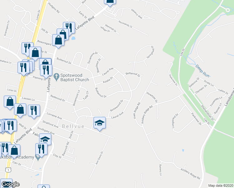 map of restaurants, bars, coffee shops, grocery stores, and more near 434 Butternut Drive in Fredericksburg