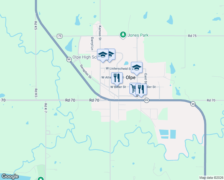 map of restaurants, bars, coffee shops, grocery stores, and more near 212 Highway 99 in Olpe