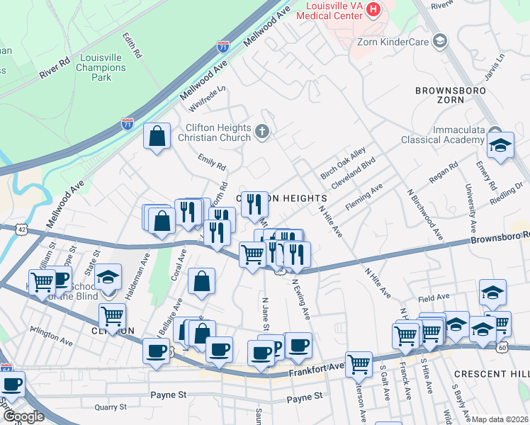 map of restaurants, bars, coffee shops, grocery stores, and more near 446 Mount Holly Avenue in Louisville
