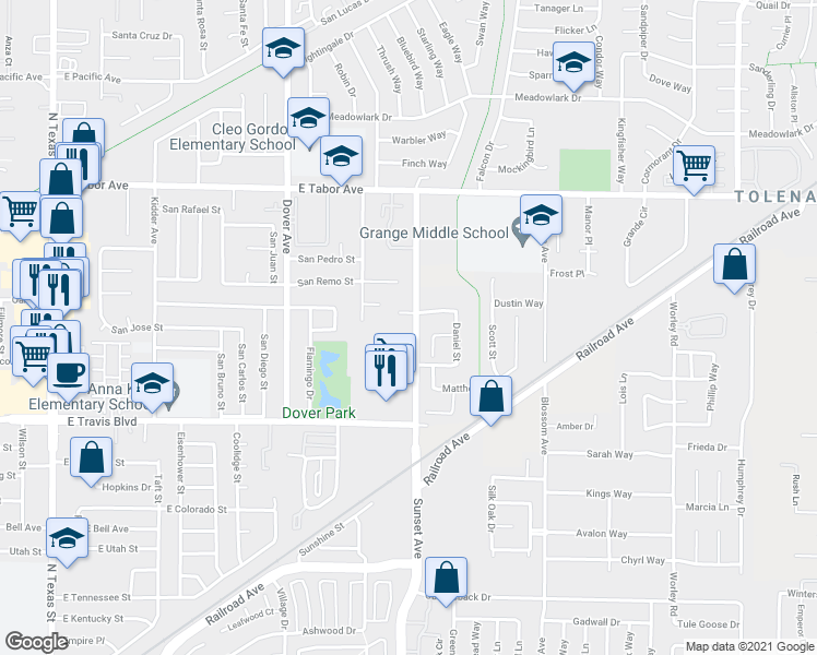 map of restaurants, bars, coffee shops, grocery stores, and more near 1715 Sunset Avenue in Fairfield