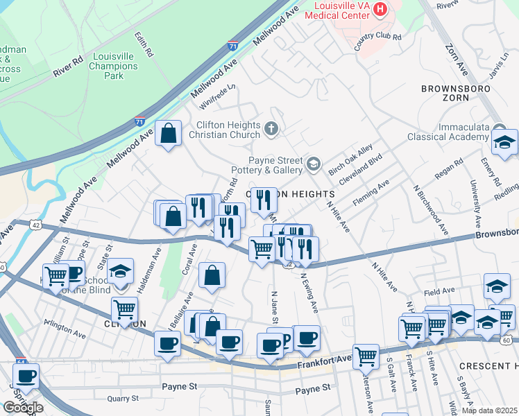 map of restaurants, bars, coffee shops, grocery stores, and more near 446 Mount Holly Avenue in Louisville
