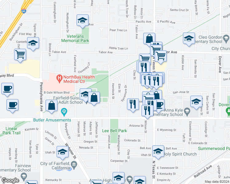 map of restaurants, bars, coffee shops, grocery stores, and more near 1724 Hemlock Street in Fairfield