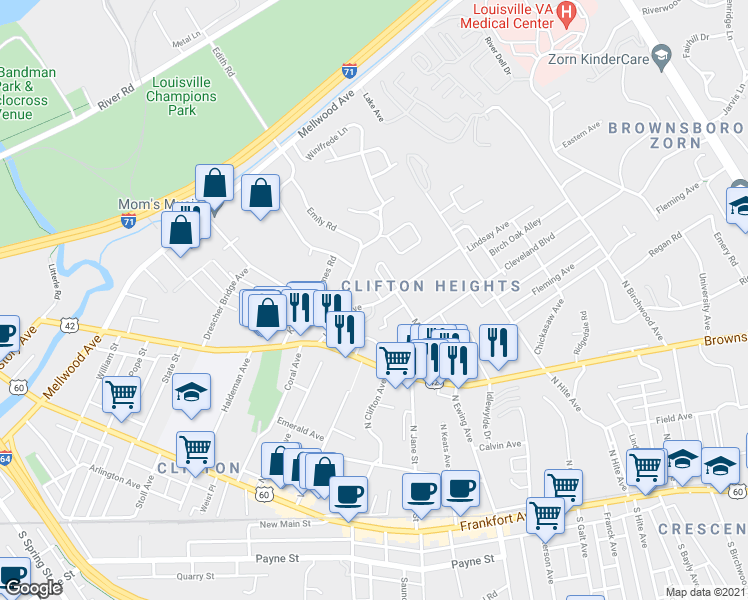 map of restaurants, bars, coffee shops, grocery stores, and more near 408 Lindsay Court in Louisville