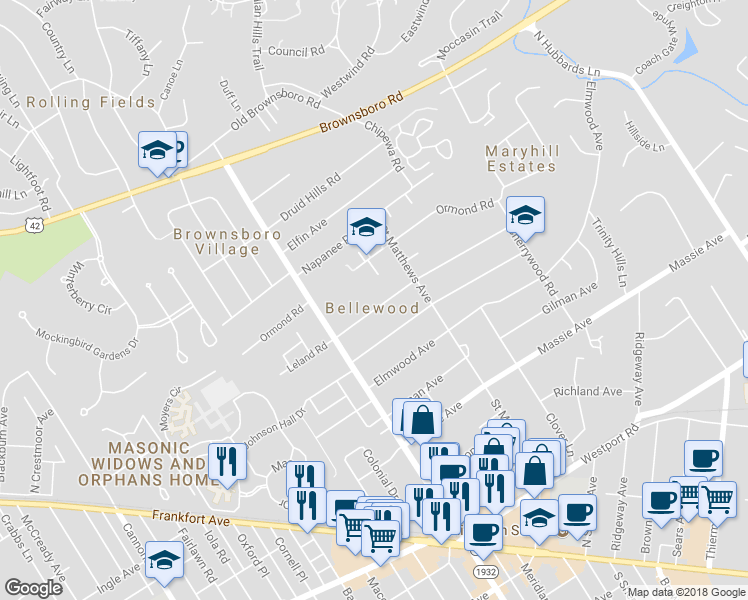 map of restaurants, bars, coffee shops, grocery stores, and more near 3917 Leland Road in Louisville